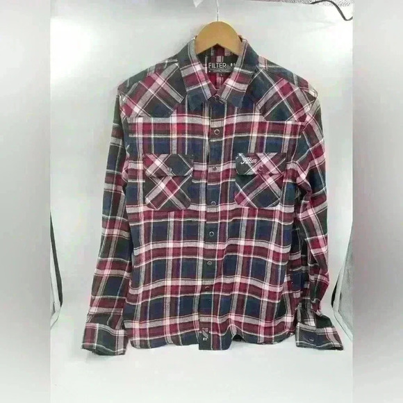 Filter Flannel Shirt Large Blue Red White Plaid 2 Flap Pockets Mens Long Sleeves - Picture 9 of 9